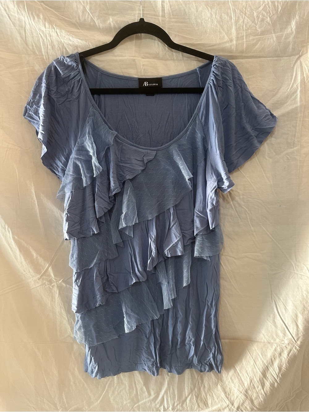AB Studio Dusty Blue Layered Ruffle Short Sleeve Blouse
